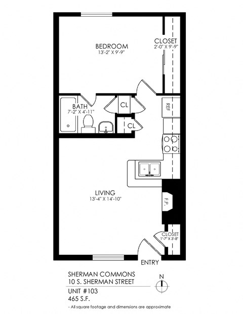 A floor plan for a unit at Sherman Commons shows a bedroom, a bathroom, a living room, and a closet.